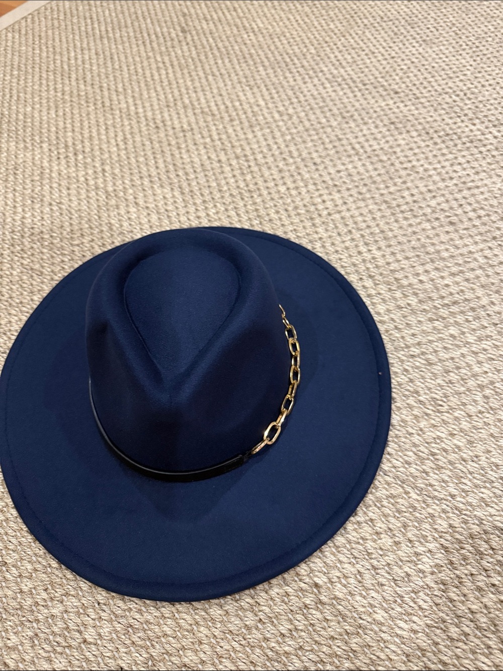 Nasty Gal Women’s Navy Wide-Brim Fedora Hat with Gold Chain Accent